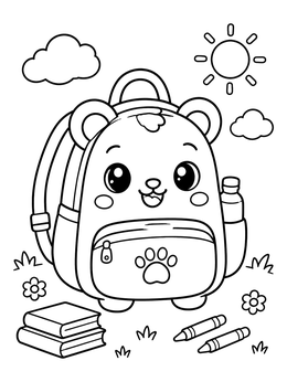 A kawaii coloring page featuring an adorable animal-themed backpack outdoors with books and crayons.