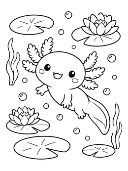 A cheerful axolotl swimming with lily pads on this kawaii coloring page.