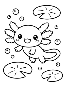 A kawaii coloring page showing a smiling axolotl swimming with lily pads and bubbles.