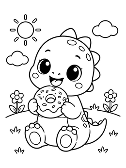 A kawaii coloring page showing a happy baby dinosaur sitting outdoors and eating a sweet donut.