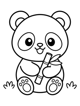 A kawaii coloring page showing a happy baby panda holding a bamboo stalk.