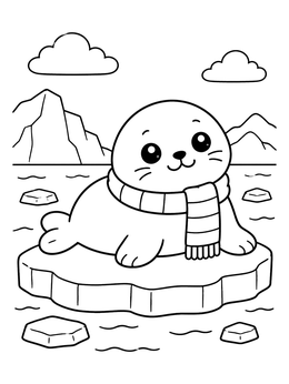 A sweet baby seal with a scarf on an ice floe in this kawaii coloring page.
