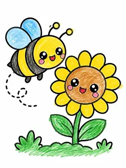 Cute Bumblebee And Smiling Flower – Kawaii Coloring Page