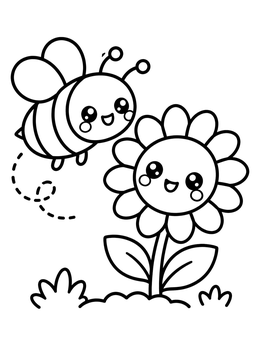 A cheerful bumblebee flying by a smiling flower in this kawaii coloring page.