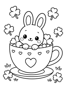 A sweet bunny rests in a heart teacup on this kawaii coloring page.