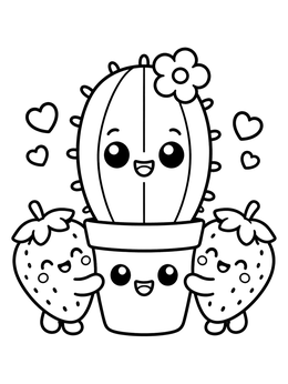 Happy potted cactus and strawberries on this kawaii coloring page.