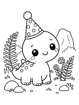 A kawaii coloring page of a tiny dinosaur wearing a party hat among prehistoric ferns.