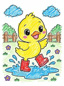 Cute Duckling Splashing In Rain Boots – Kawaii Coloring Page