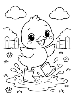 A kawaii coloring page of a happy duckling wearing boots and splashing in a puddle.