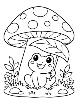 A kawaii coloring page of a smiling little frog sitting under a big mushroom holding a leaf.