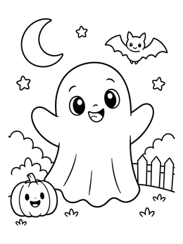 A happy ghost next to a pumpkin on this kawaii coloring page.