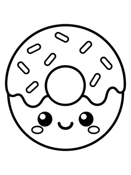 A smiling glazed donut with sprinkles on this kawaii coloring page.