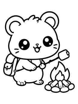 A kawaii cute hamster coloring page showing a little camper roasting a marshmallow.
