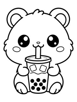 A kawaii cute hamster coloring page holding a cup of iced bubble tea.
