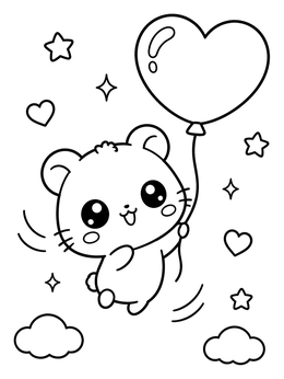 A kawaii cute hamster coloring page featuring a tiny hamster holding a heart balloon among stars.