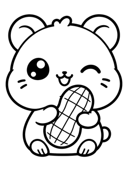 A kawaii cute hamster coloring page holding a big peanut and winking happily.