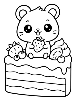 A kawaii cute hamster coloring page featuring a small pet eating a strawberry on a cake slice.