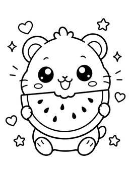 Free printable Cute Hamster With Watermelon Slice coloring page