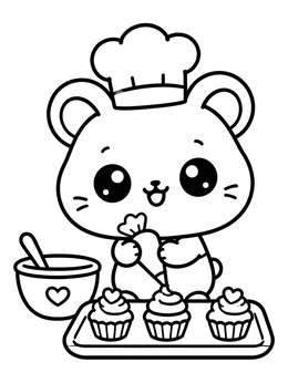 A kawaii cute hamster coloring page featuring a tiny baker decorating cupcakes.