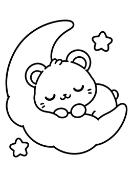 A kawaii cute hamster coloring page showing a sleepy pet curled up on a crescent moon.