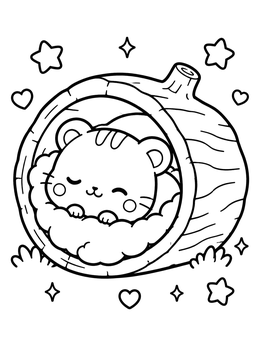 A kawaii cute hamster coloring page showing a sleeping hamster snuggled inside a cozy wooden log bed.