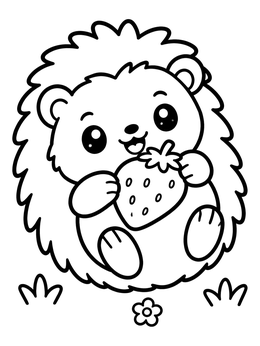 A cheerful baby hedgehog holds a fresh strawberry in this kawaii coloring page.