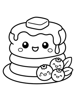 A kawaii coloring page showing a stack of smiling pancakes with dripping syrup and blueberries.