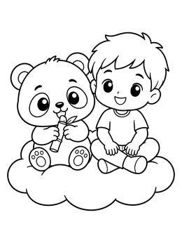 A kawaii coloring page showing a little boy and a baby panda sitting together happily on a fluffy cloud.
