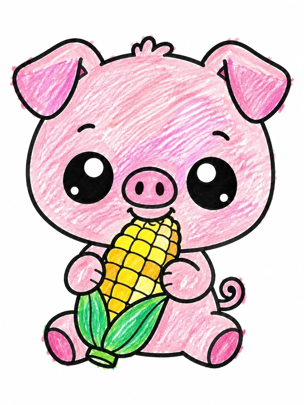 Colored example of the Cute Baby Pig Eating Corn coloring page