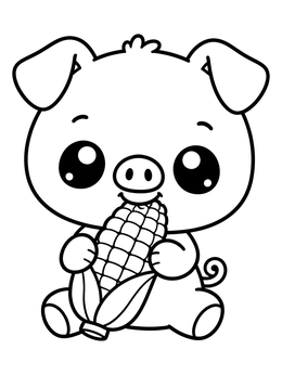 Free printable Cute Baby Pig Eating Corn coloring page