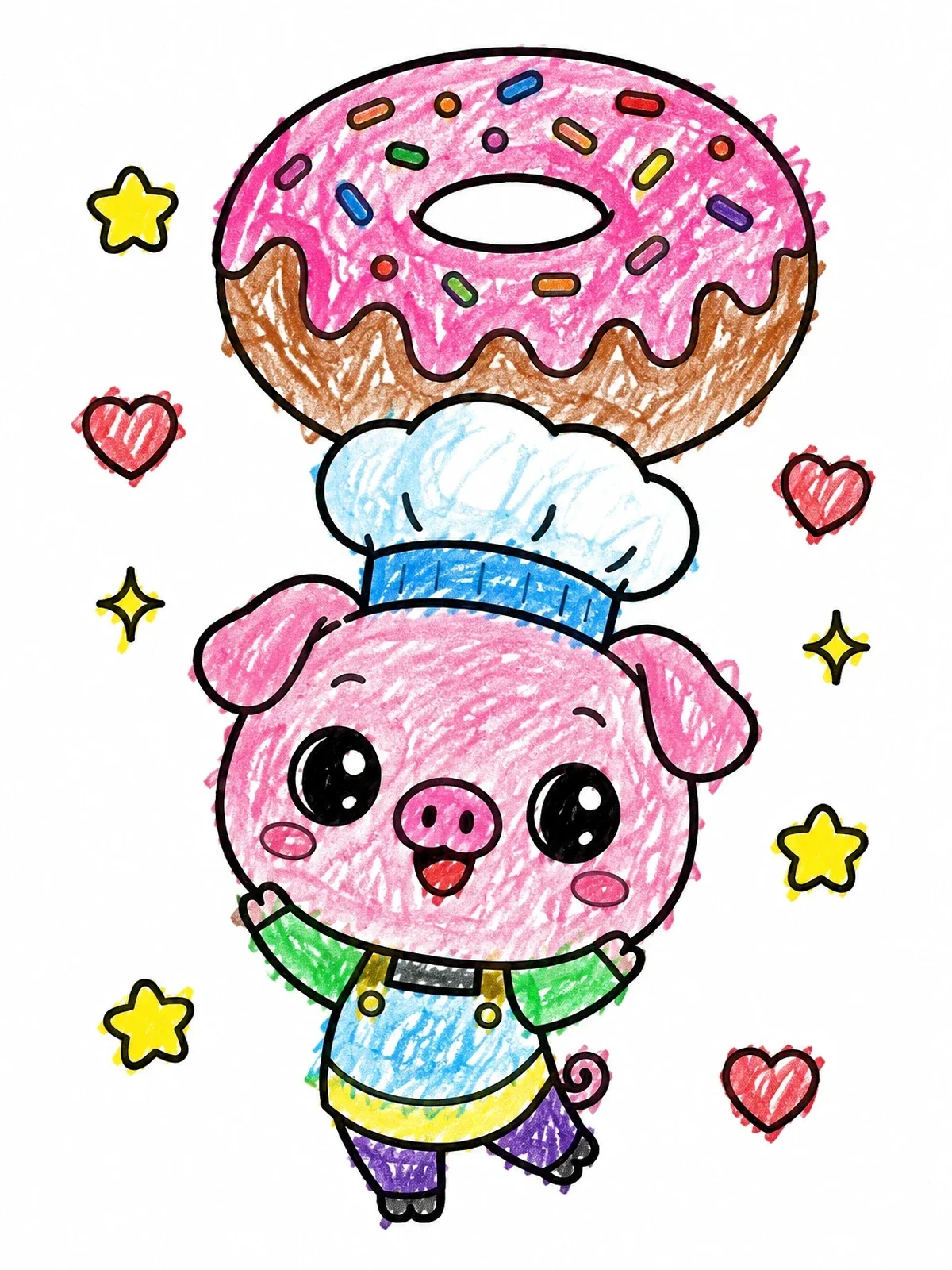 Colored example of the Chef Pig Balancing Big Donut coloring page