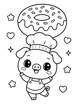 Free printable Chef Pig Balancing Big Donut coloring page
