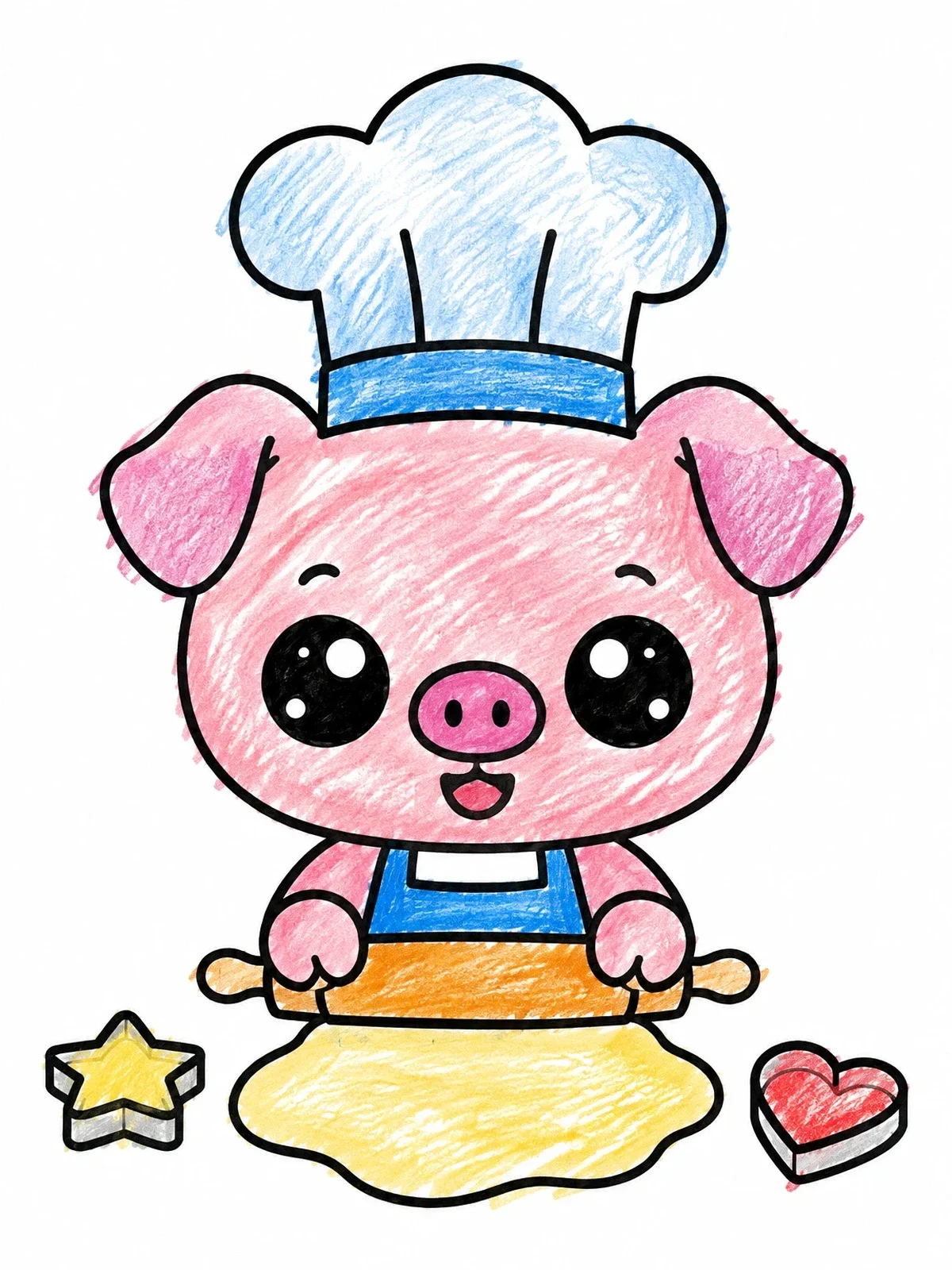 Colored example of the Little Pig Chef Rolling Dough coloring page