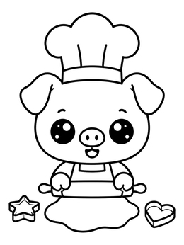 A kawaii cute pig coloring page showing a baker pig rolling dough with cookie cutters.