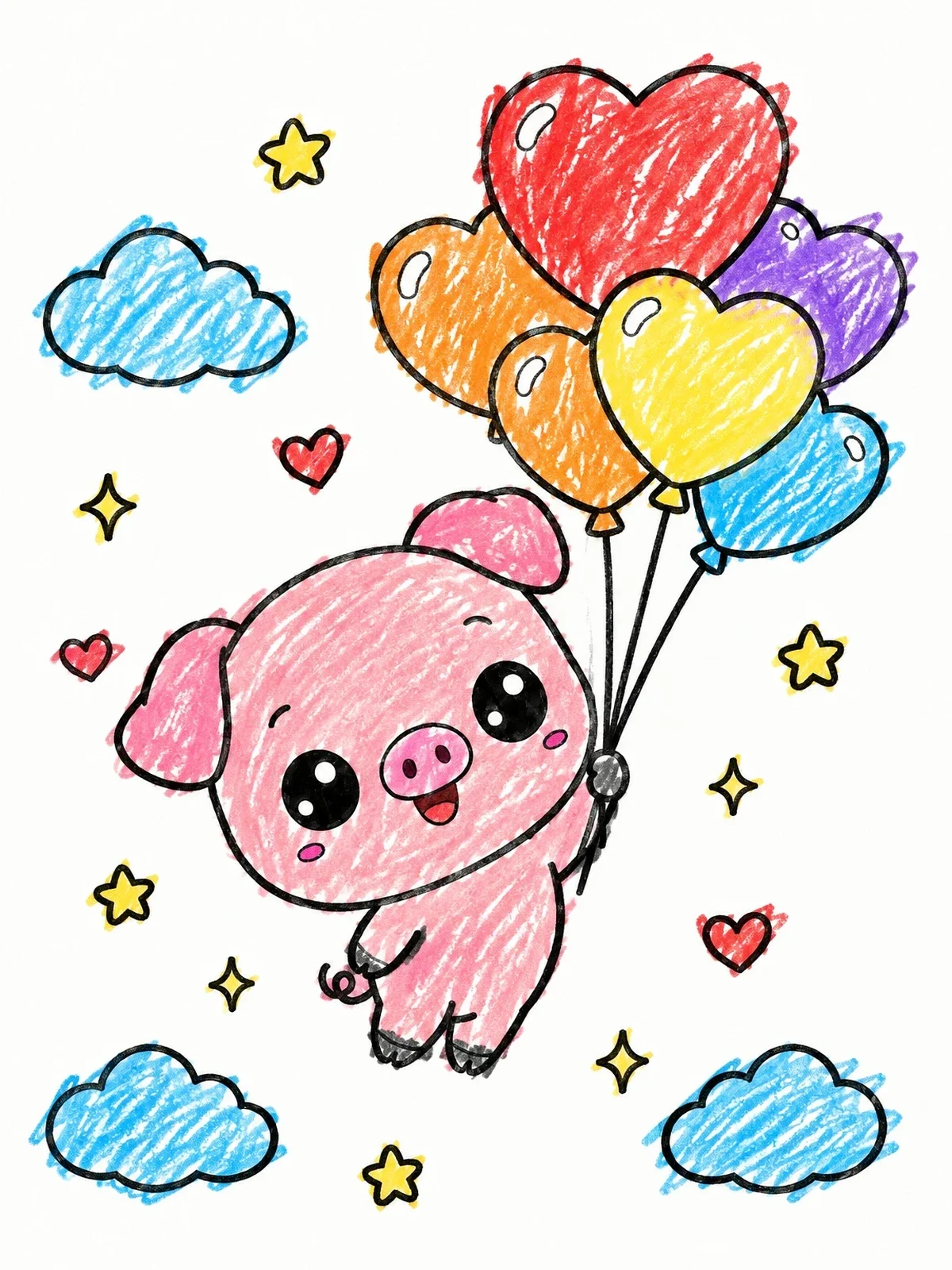 Colored example of the Cute Pig Floating With Heart Balloons coloring page