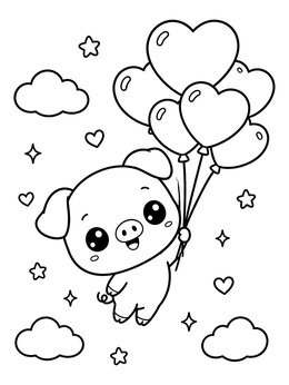 A kawaii cute pig coloring page with heart balloons in the sky.