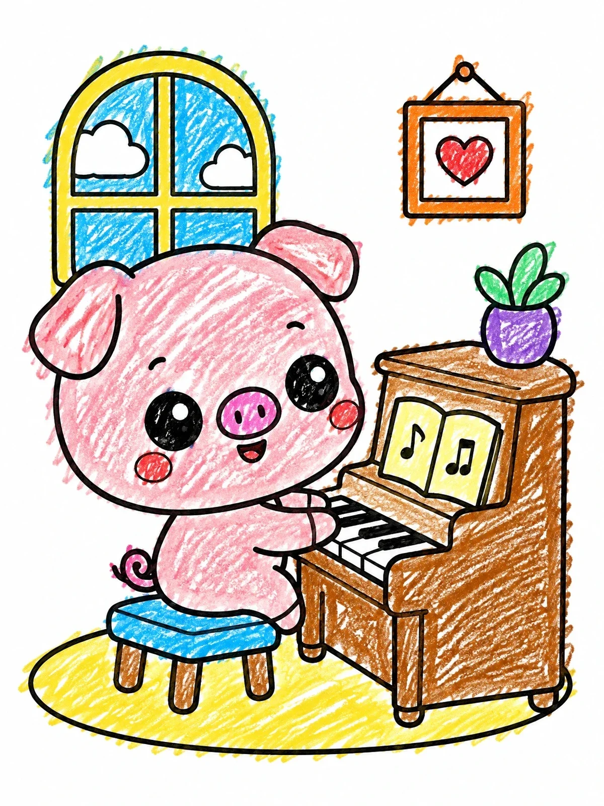 Colored example of the Cute Piglet Playing Upright Piano coloring page