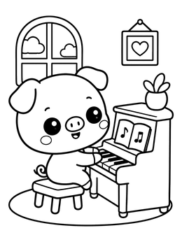 A kawaii cute pig coloring page showing an adorable piggy playing a small piano.