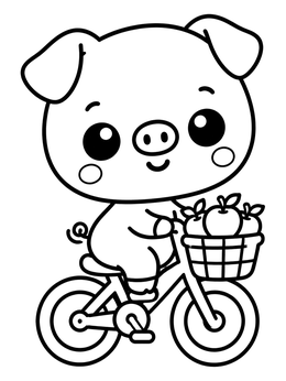 A kawaii cute pig coloring page showing a little piglet riding a bicycle with an apple basket.