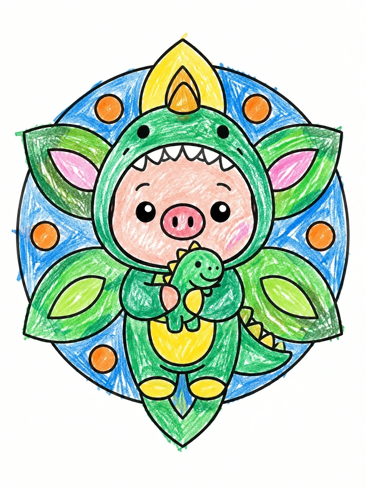 Colored example of the Cute Piglet In Dinosaur Costume coloring page