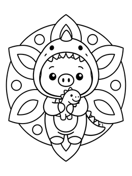 A kawaii cute pig coloring page showing a piglet in a dino onesie with a toy.