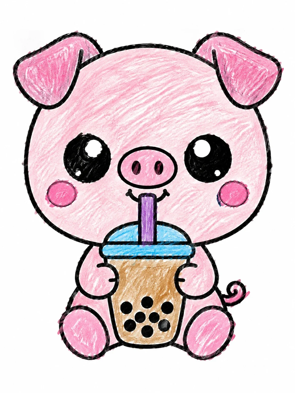 Colored example of the Cute Piglet Drinking Boba Tea coloring page
