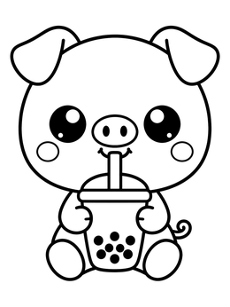 A kawaii cute pig coloring page with a piglet enjoying a drink.