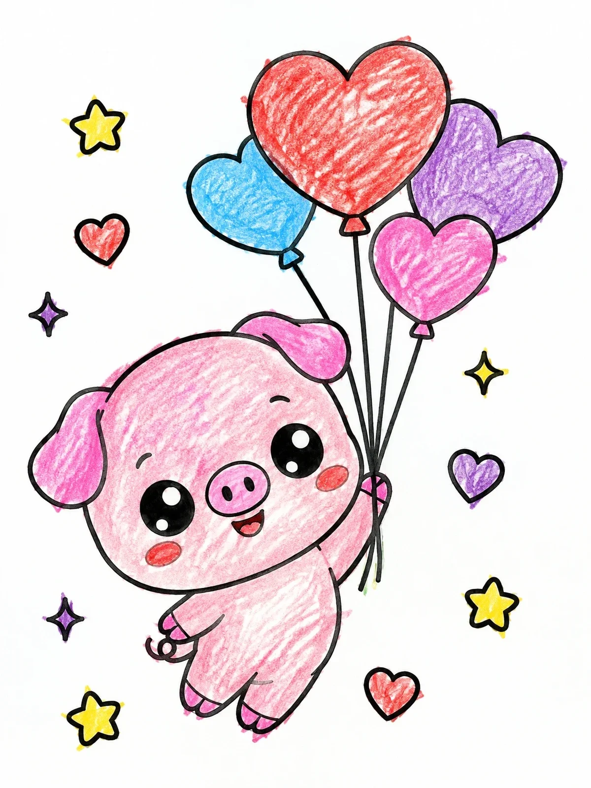 Colored example of the Cute Piglet Floating With Heart Balloons coloring page
