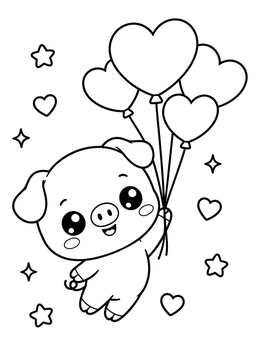 Free printable Cute Piglet Floating With Heart Balloons coloring page
