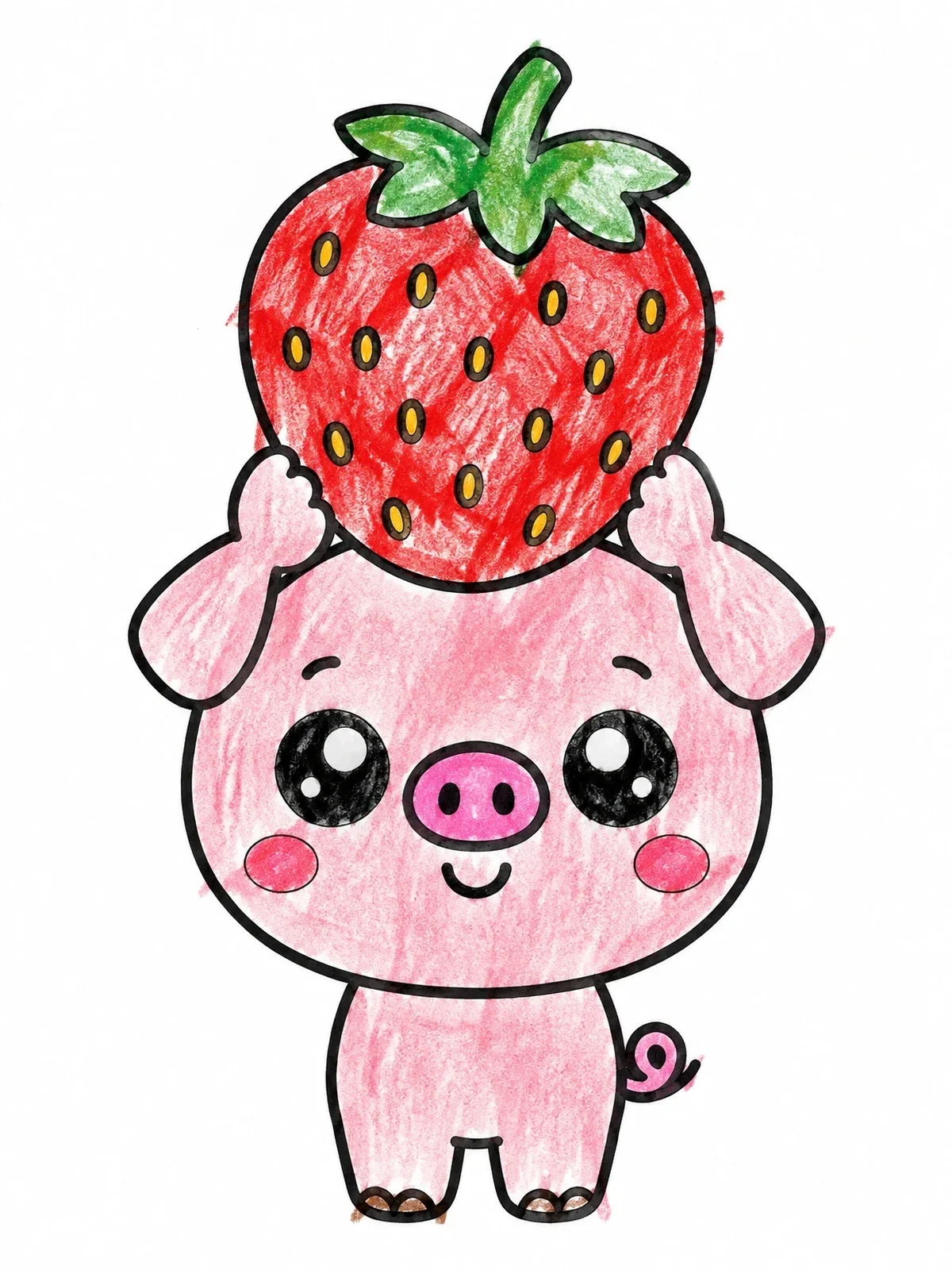 Colored example of the Cute Piglet Holding A Giant Strawberry coloring page
