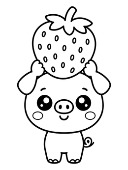 A kawaii cute pig coloring page showing a tiny piglet balancing a huge strawberry overhead.