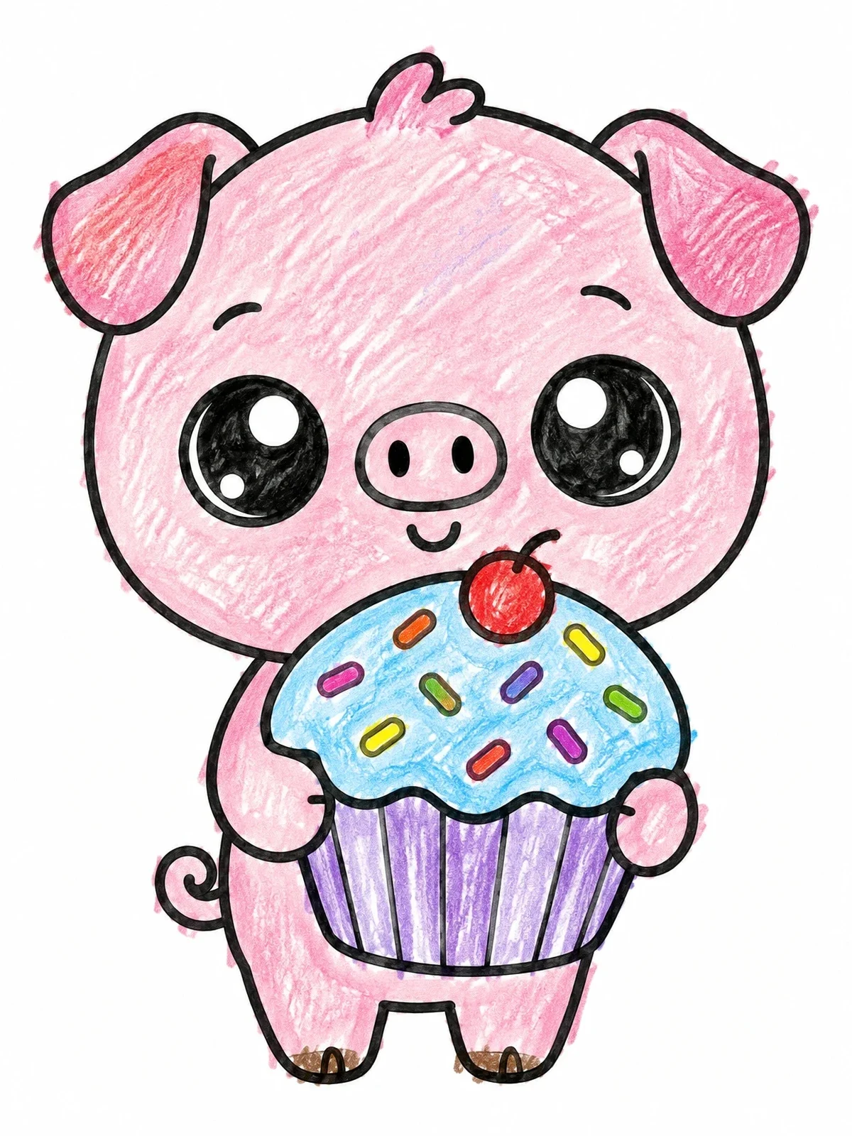 Colored example of the Cute Piglet Holding A Giant Cupcake coloring page