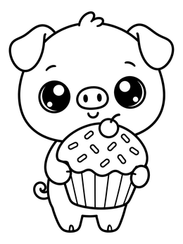 Free printable Cute Piglet Holding A Giant Cupcake coloring page