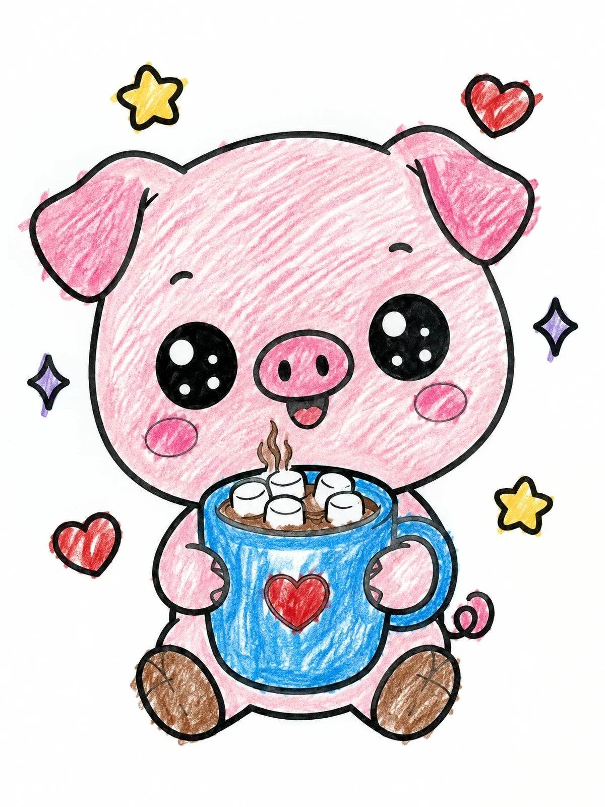 Colored example of the Cute Piglet With Hot Cocoa coloring page